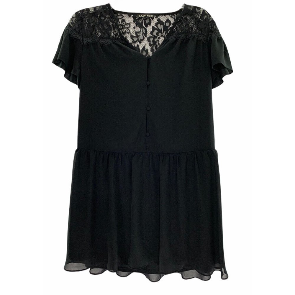 Express Tunic Dress Size XS Black Lace Detail Button‎ Front Ruffle S/S Lined